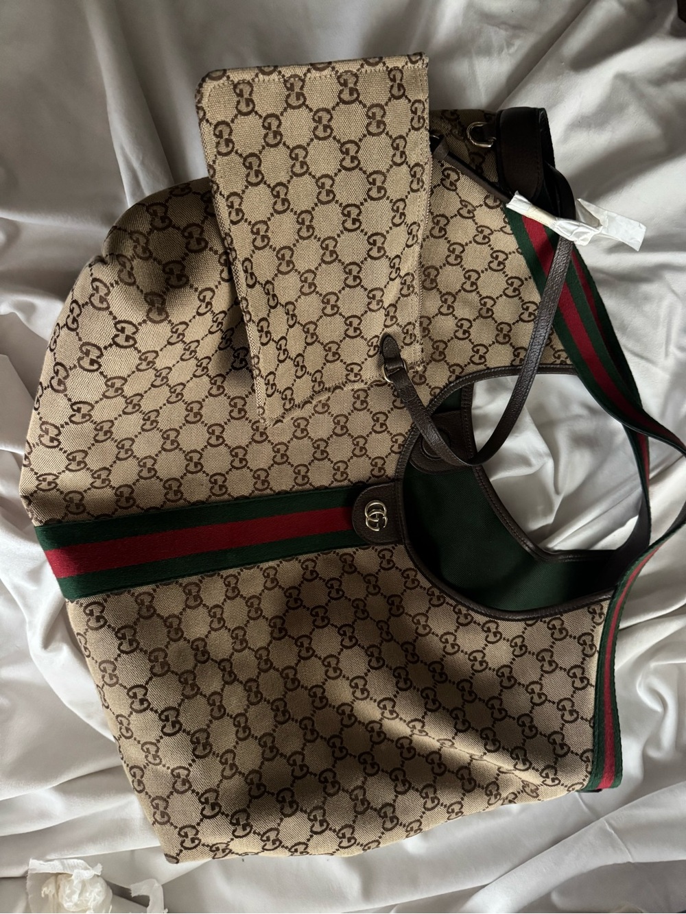Gucci Beige/Tan GG Canvas Tote with Green and Red Web Giglio Large Tote